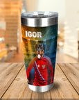 Personalized stainless steel tumbler with a Rottweiler pet portrait in a Russian soccer uniform.