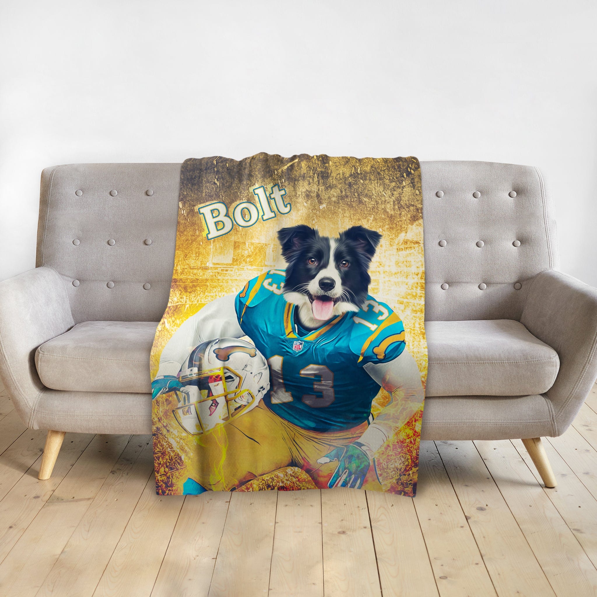 Personalized pet blanket with a Doggovinci portrait of a border collie in a football uniform.