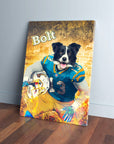 Personalized pet canvas featuring a Border Collie in a blue and yellow football uniform, holding a helmet.