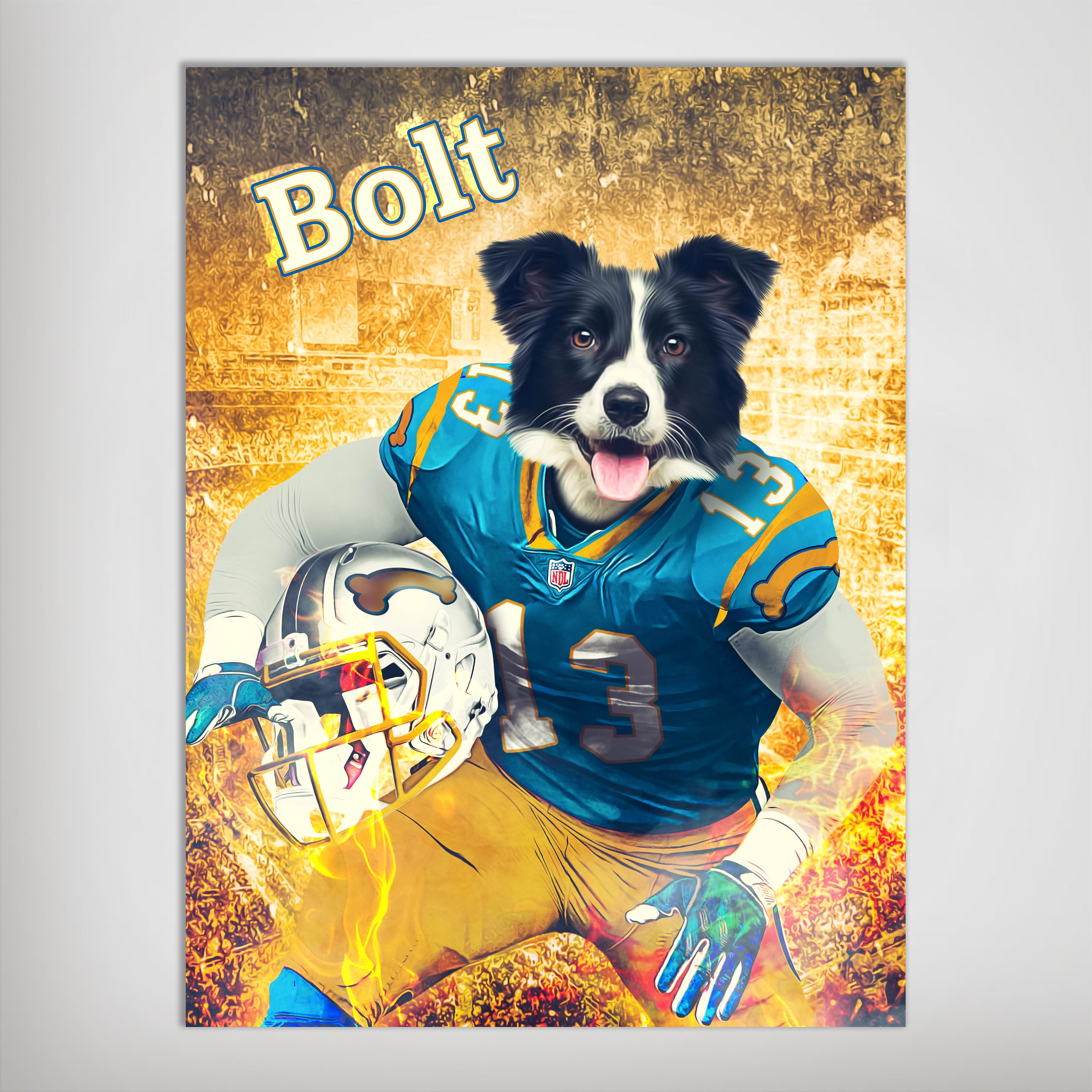 Personalized matte poster featuring a Border Collie in a blue and gold football uniform, holding a helmet, with "Bolt" text.