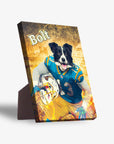 Personalized pet standing canvas featuring a Border Collie in a blue and yellow football uniform, holding a helmet.