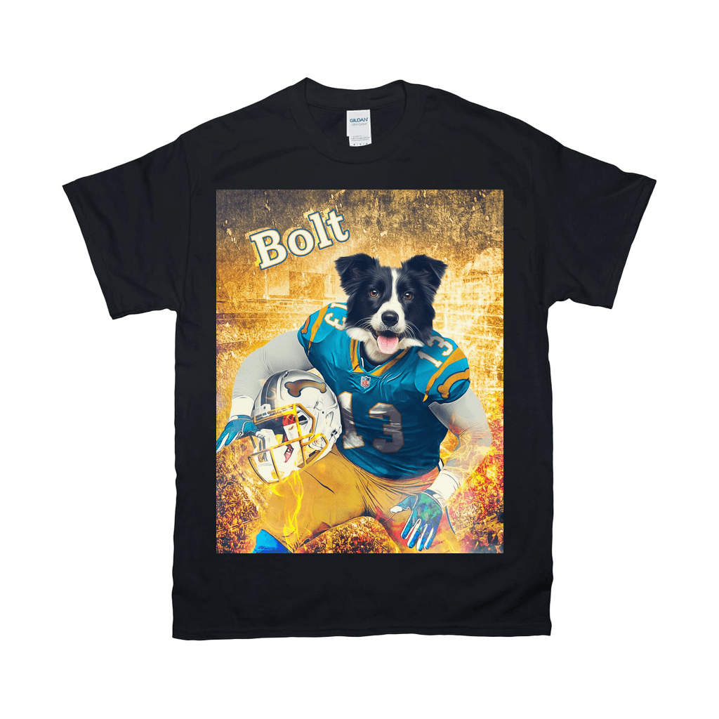 Black Gildan t-shirt featuring a personalized graphic of a Border Collie in a blue and yellow football uniform, holding a helmet.