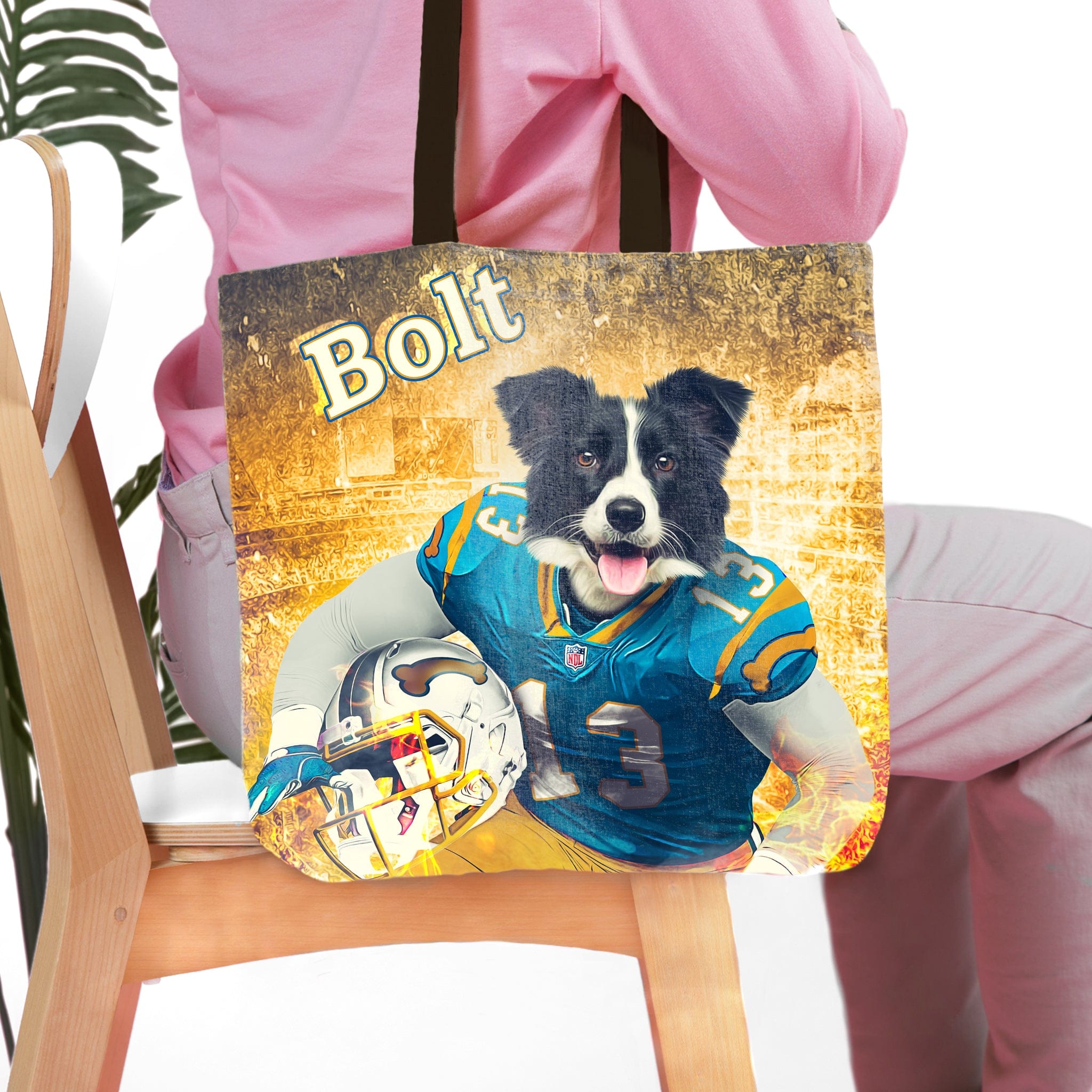 Personalized tote bag featuring a custom pet portrait of a border collie in a blue football uniform, holding a helmet.