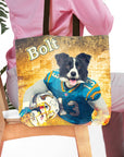 Personalized tote bag featuring a custom pet portrait of a border collie in a blue football uniform, holding a helmet.