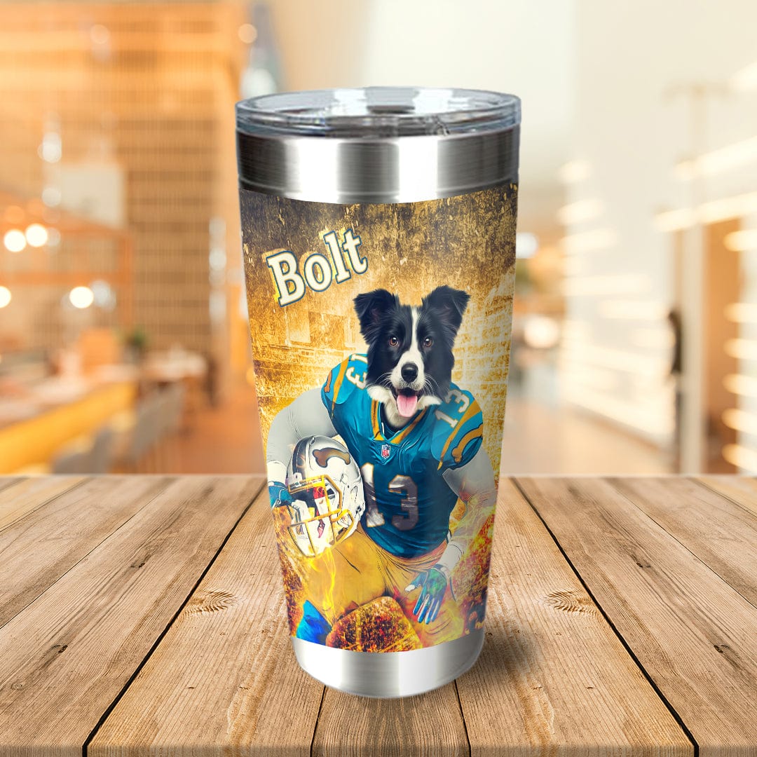 Personalized stainless steel tumbler with a custom portrait of a Border Collie dog in a football uniform.