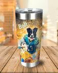Personalized stainless steel tumbler with a custom portrait of a Border Collie dog in a football uniform.