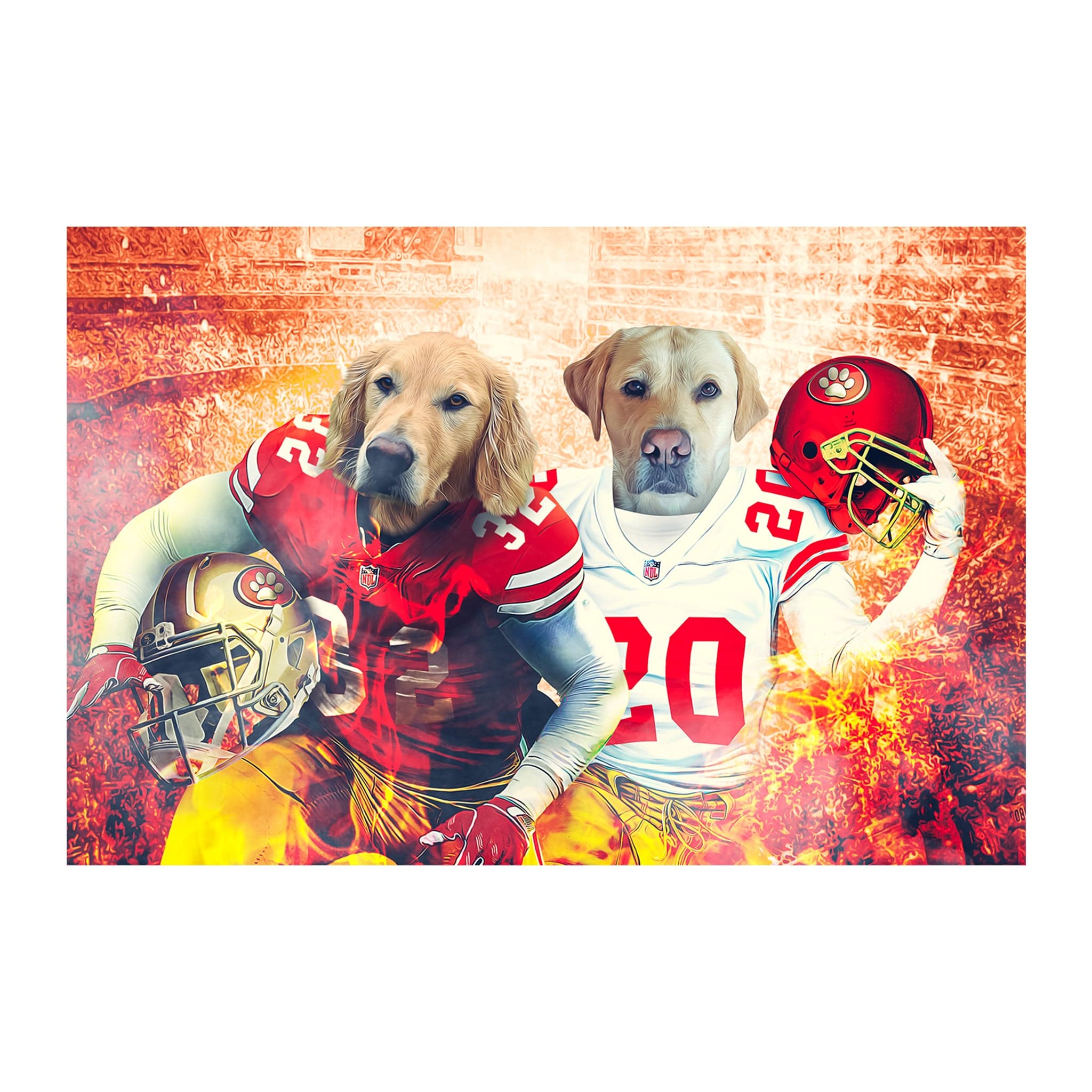 Personalized digital portrait of two dogs as San Francisco 49ers football players in red and white jerseys.