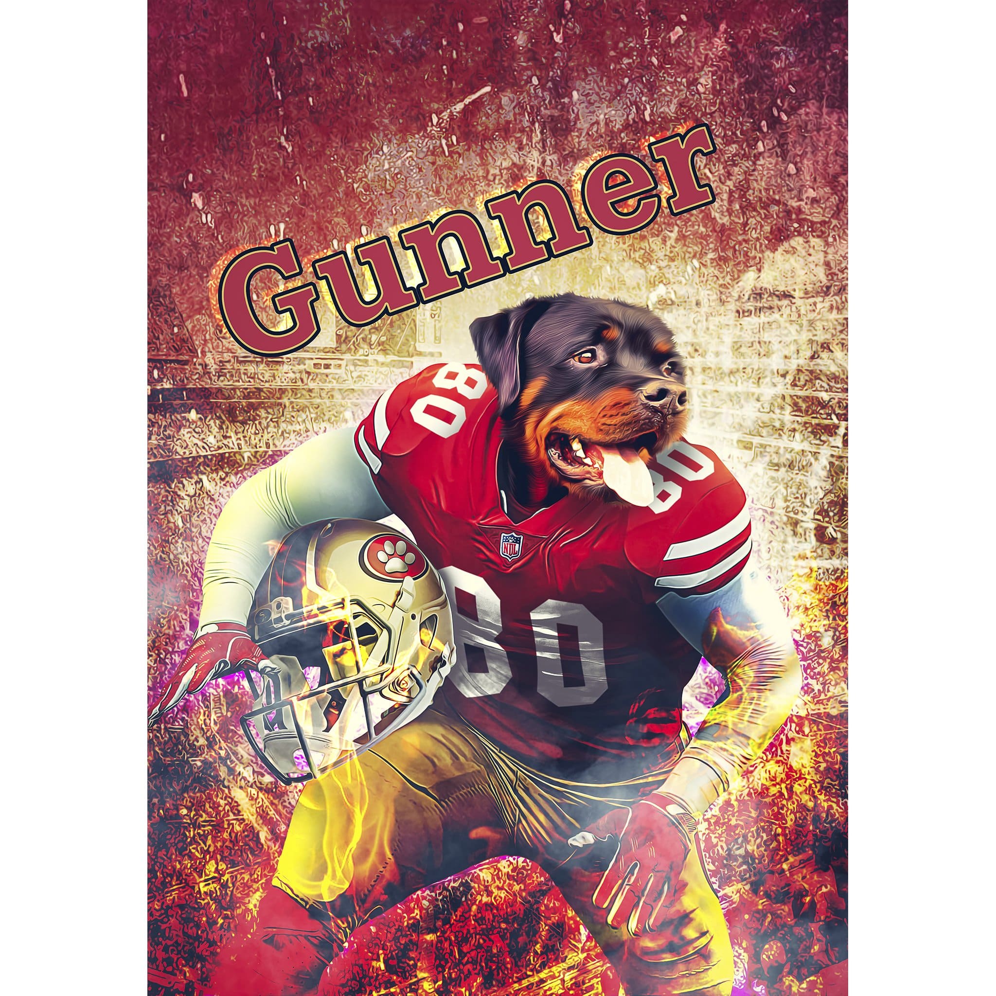 Personalized digital portrait of a Rottweiler dog in a San Francisco 49ers football uniform.