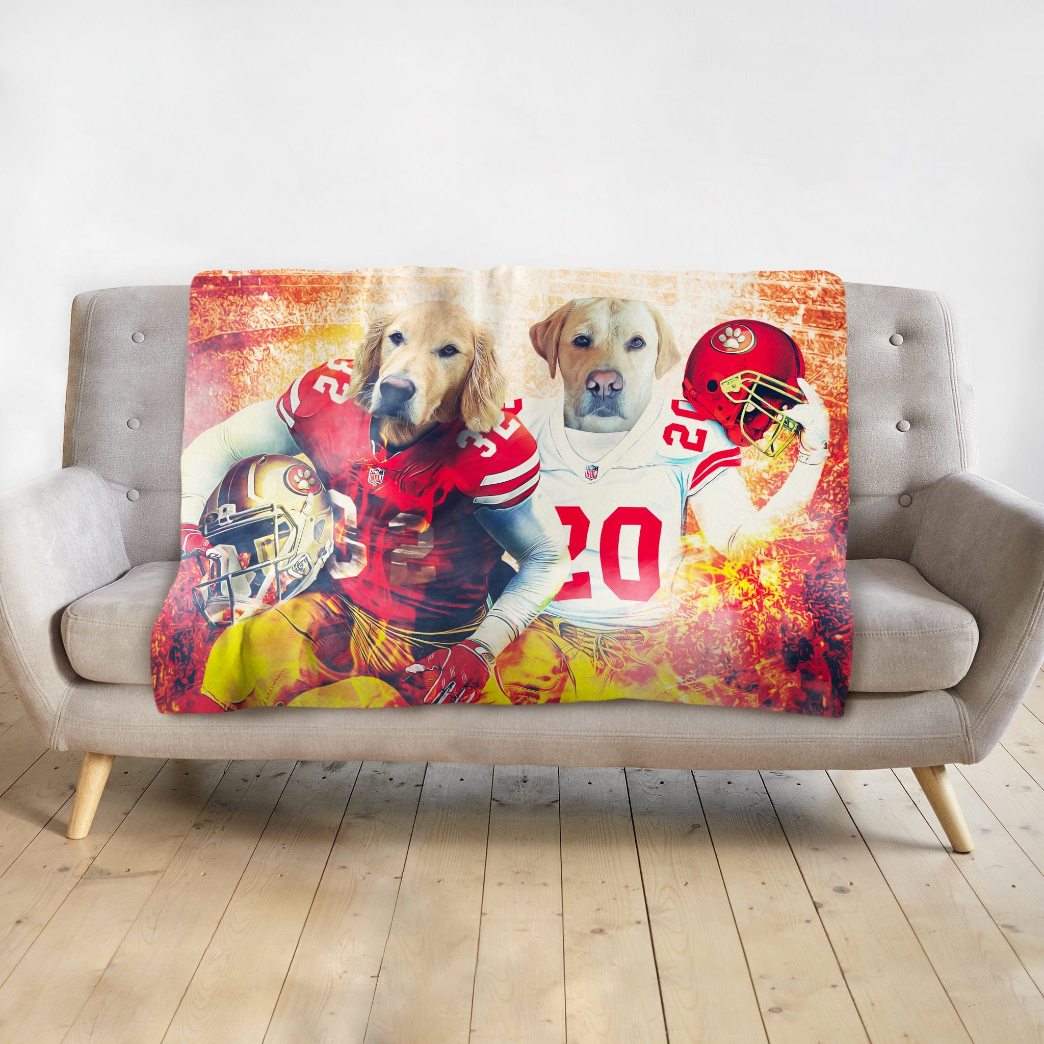 Personalized 2 pet blanket featuring dogs in San Francisco 49ers football uniforms with a fiery background.