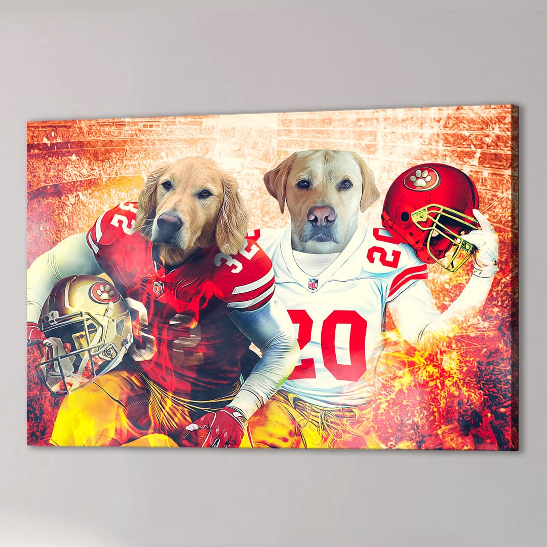Two golden retrievers in San Francisco 49ers football uniforms on a personalized canvas with a fiery background.