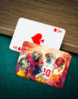 Personalized playing cards featuring two dogs in San Francisco 49ers football uniforms on a green felt table.
