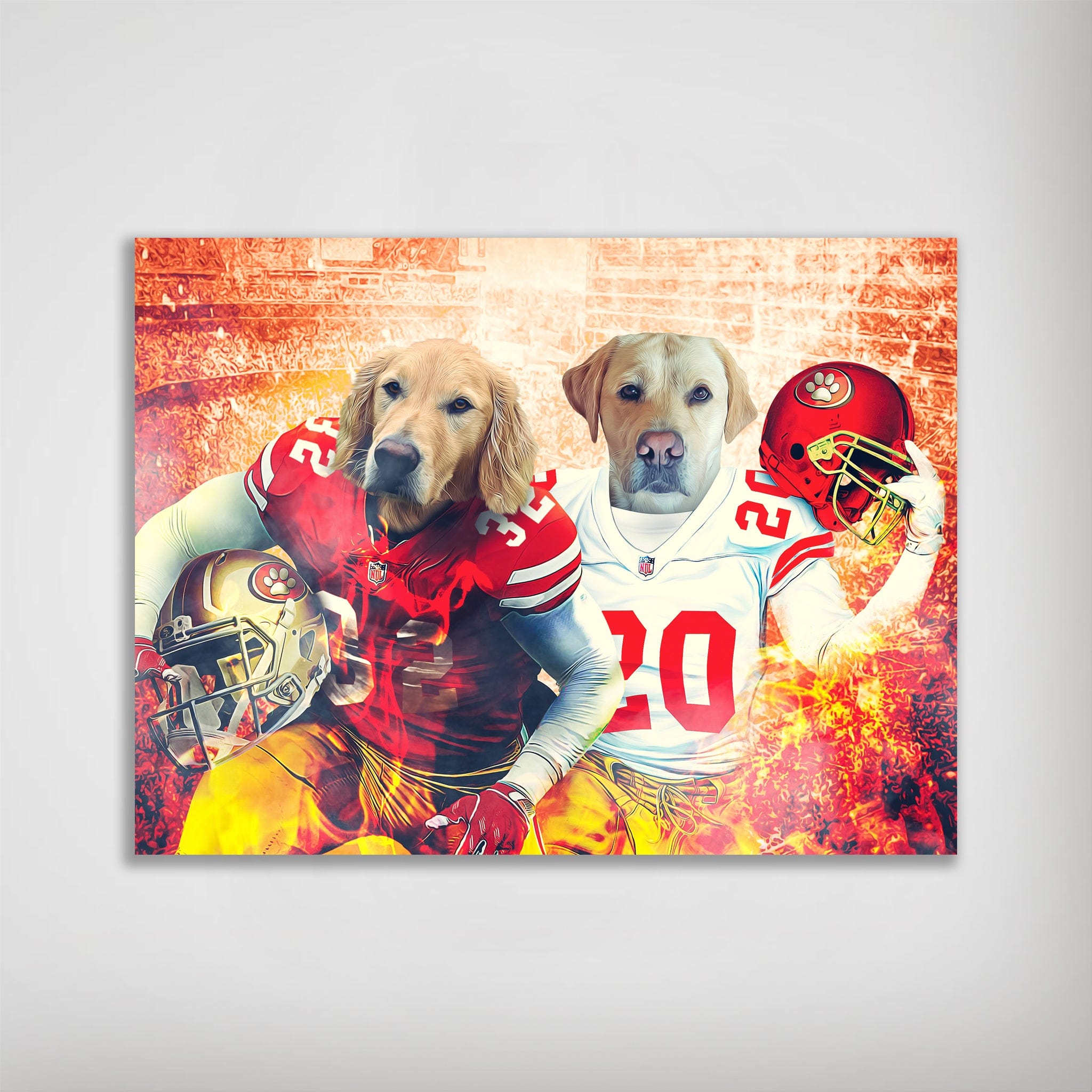 Personalized San Francisco 40Doggos poster featuring two dogs in red and white football jerseys with helmets.