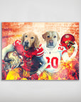 Personalized San Francisco 40Doggos poster featuring two dogs in red and white football jerseys with helmets.