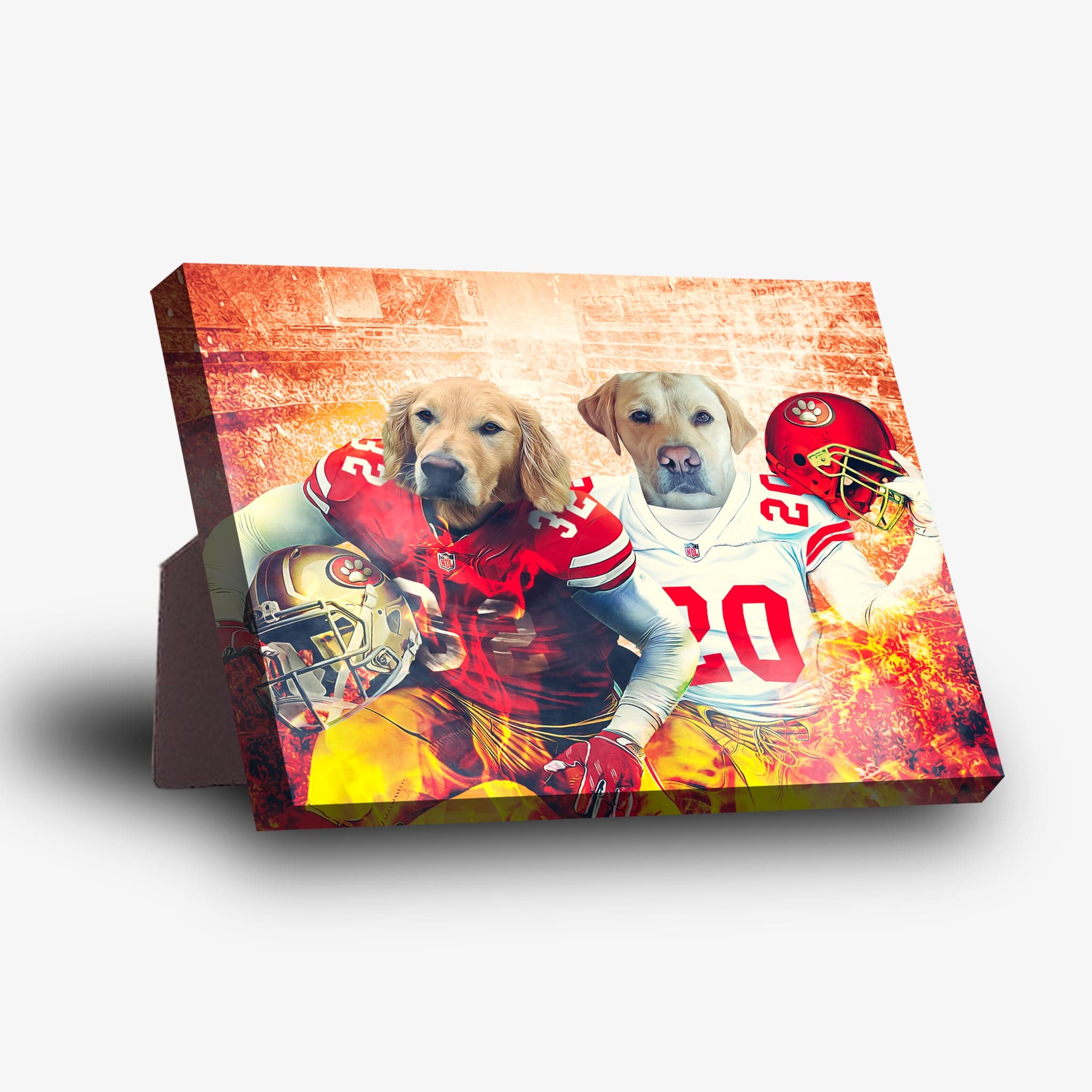 Personalized San Francisco 40Doggos standing canvas featuring two pets in football uniforms with helmets.