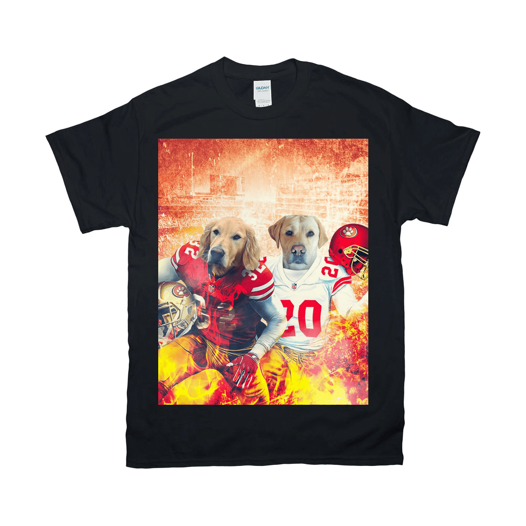 Black Gildan t-shirt featuring two dogs in San Francisco 49ers football uniforms with a fiery background.
