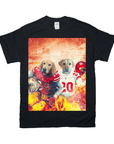 Black Gildan t-shirt featuring two dogs in San Francisco 49ers football uniforms with a fiery background.