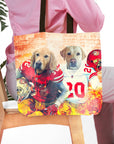 Personalized tote bag with two dog portraits in San Francisco 49ers football uniforms.