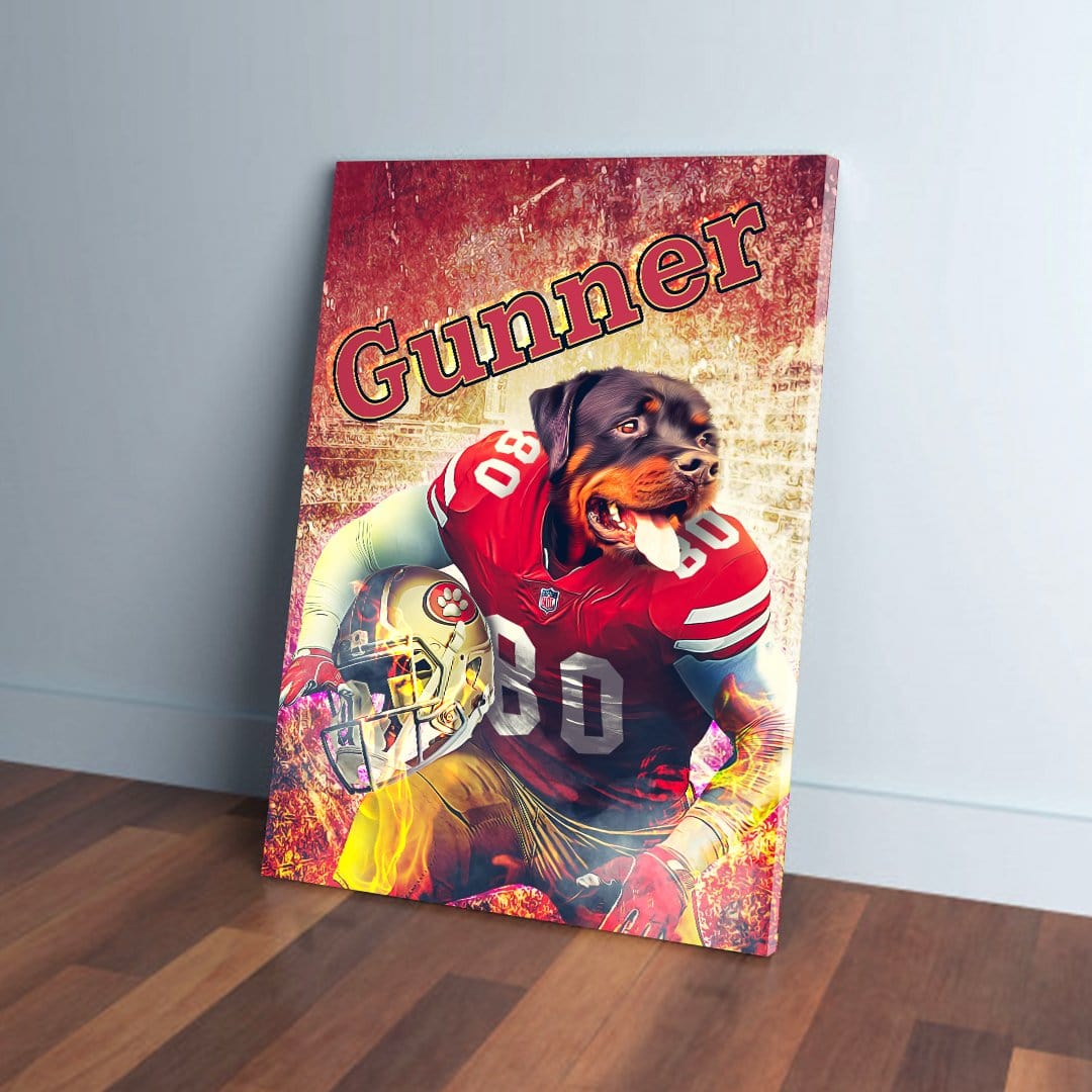 Personalized San Francisco 40Doggos canvas featuring a Rottweiler in a football uniform, holding a helmet.