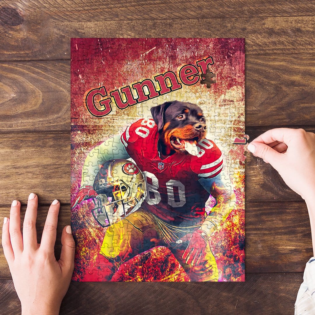 Personalized pet puzzle featuring a Rottweiler in a San Francisco 49ers football uniform, with "Gunner" text.