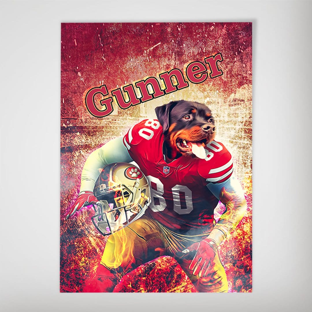 Personalized San Francisco 40Doggos poster featuring a Rottweiler in a red football uniform, holding a helmet.