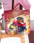 Personalized tote bag with a custom pet portrait of a Rottweiler dog in a football uniform.