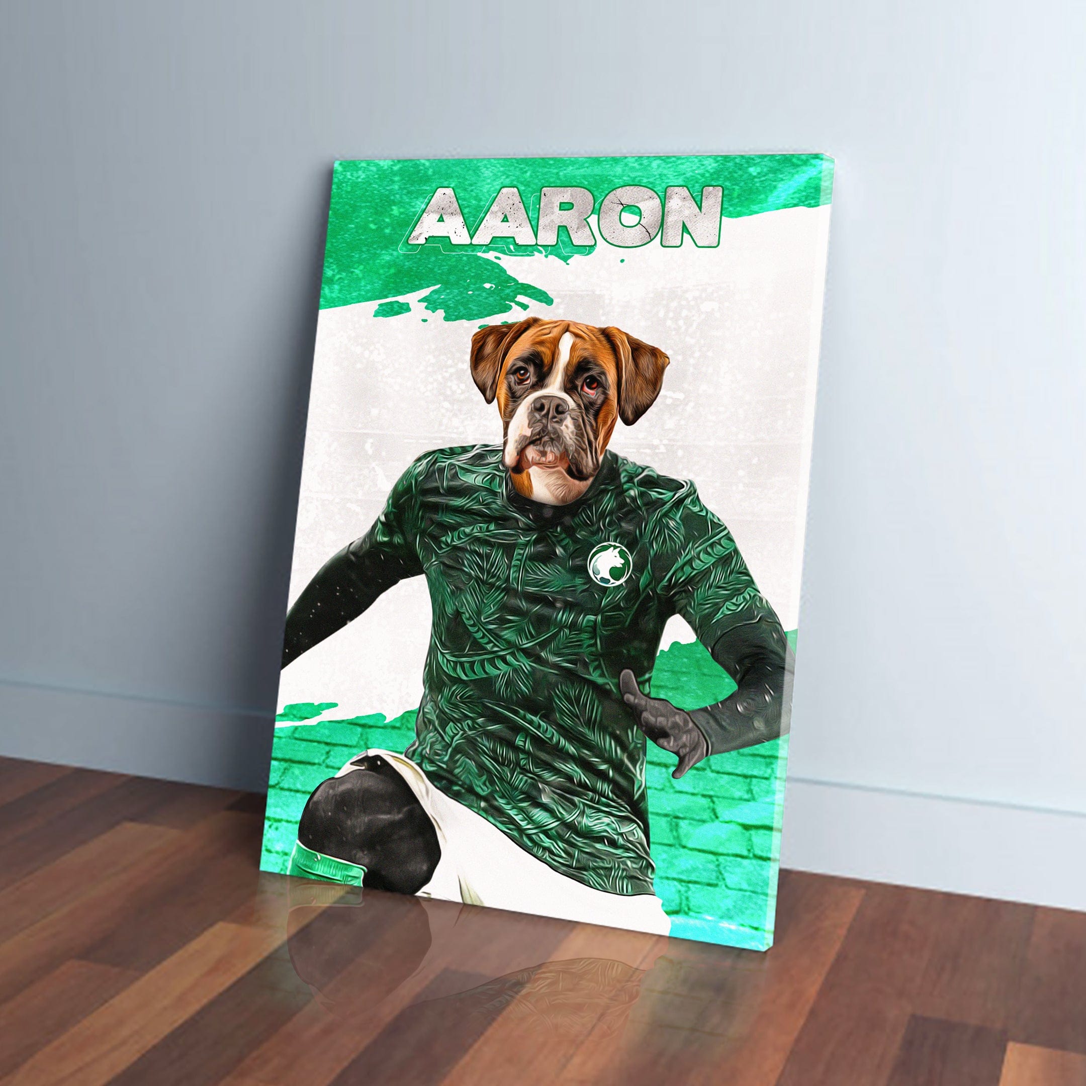Custom pet canvas featuring a boxer dog in a green Saudi Arabia soccer uniform, with "AARON" above.