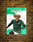 Personalized pet poster featuring a boxer dog's head on a soccer player in a green Saudi Arabia jersey.
