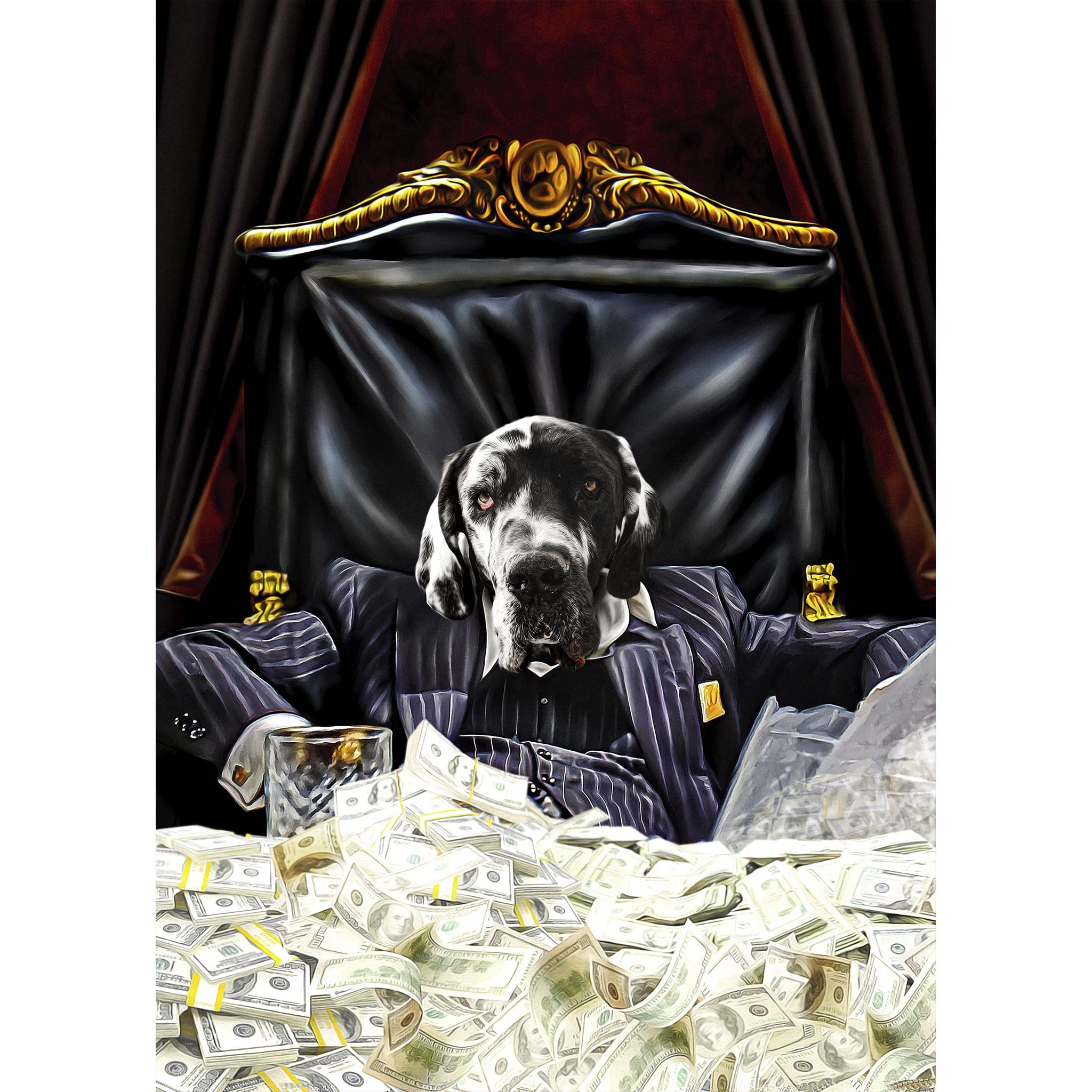 Custom digital portrait of a Great Dane in a pinstripe suit, seated at a desk piled with money.