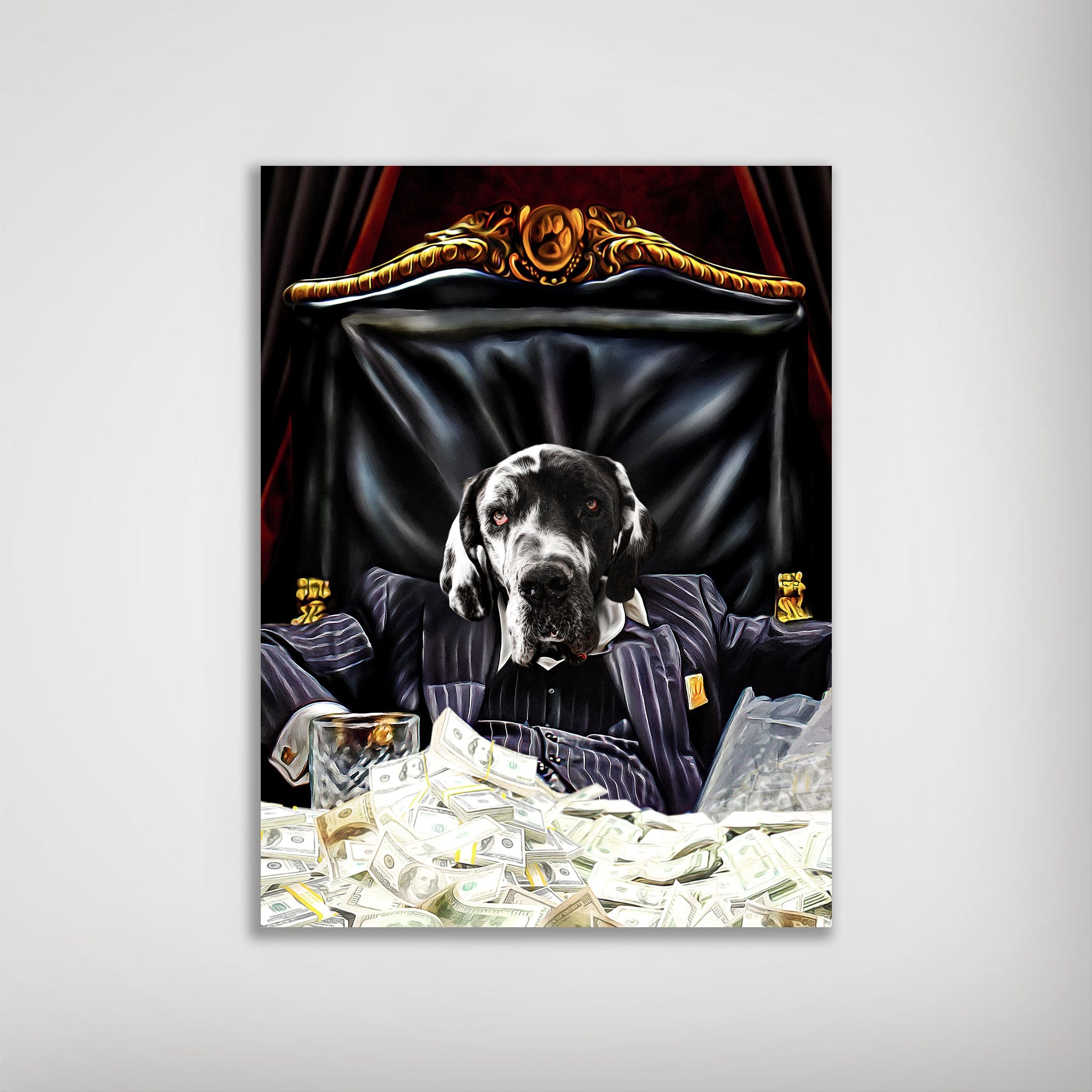 Personalized 'ScarPaw' dog poster featuring a Great Dane in a pinstripe suit, seated in a black and gold chair, surrounded by money.