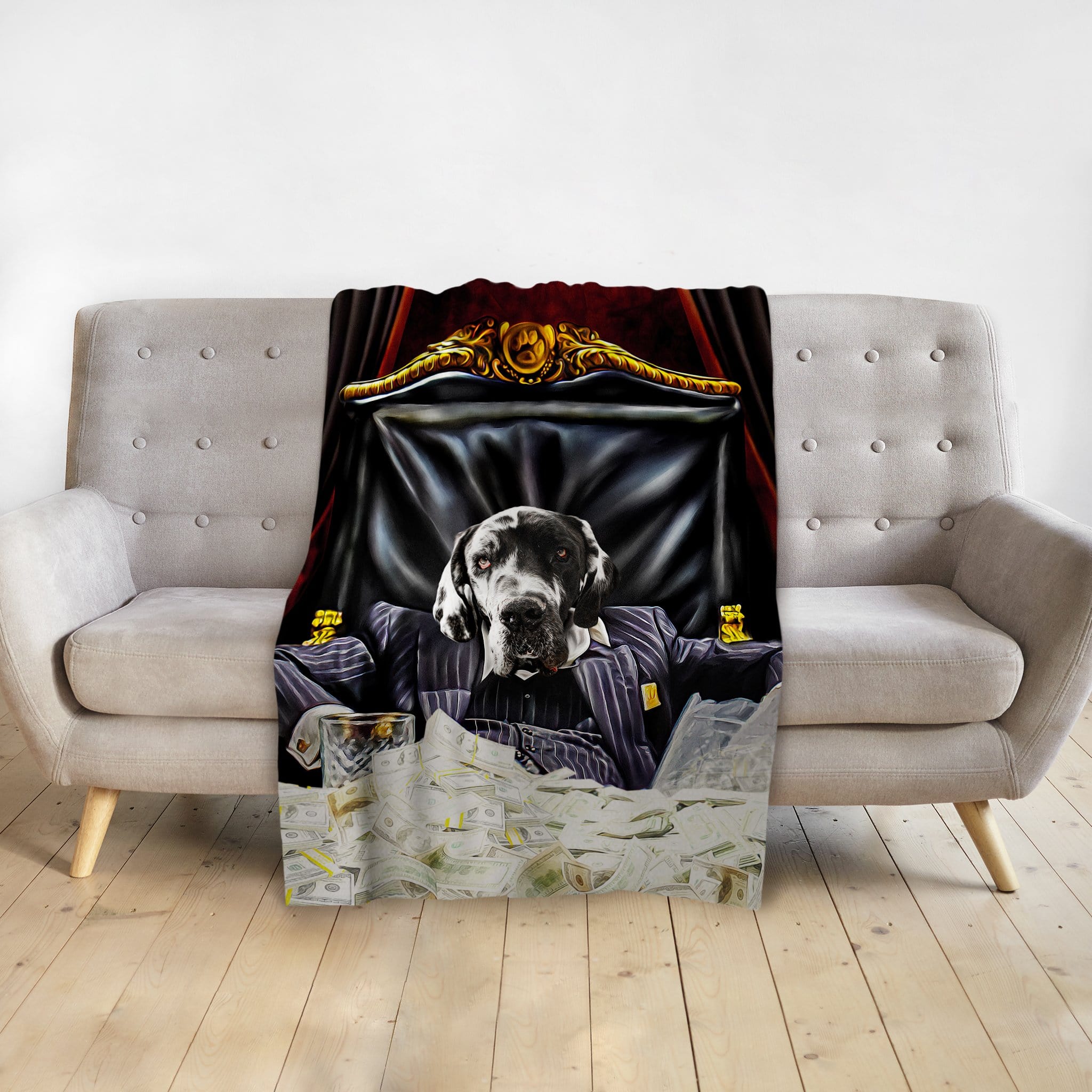 Personalized minky blanket featuring a custom Doggovinci portrait of a Great Dane in a pinstripe suit.