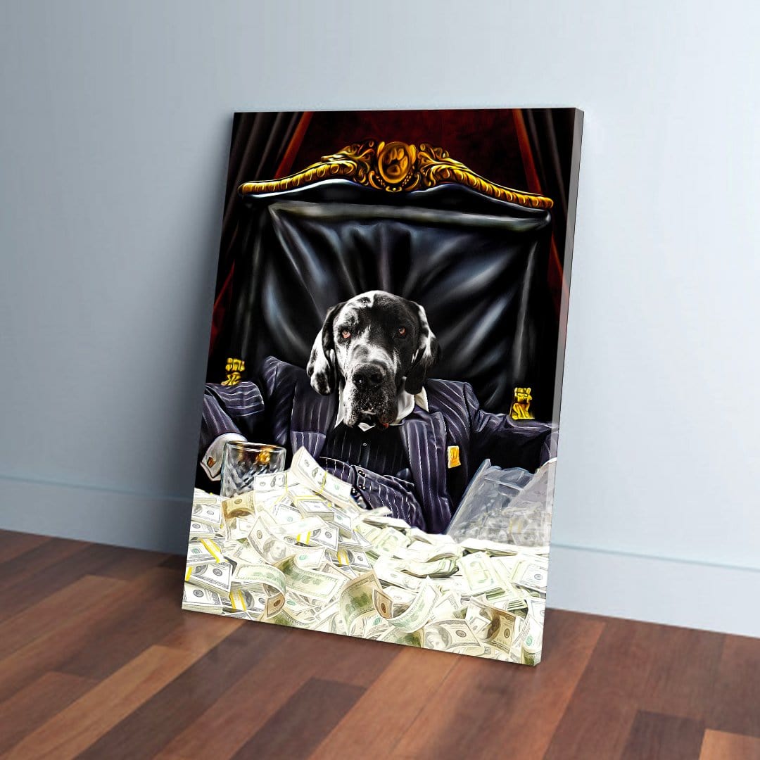 ScarPaw personalized pet canvas featuring a dog in a pinstripe suit, seated at a desk piled with money.