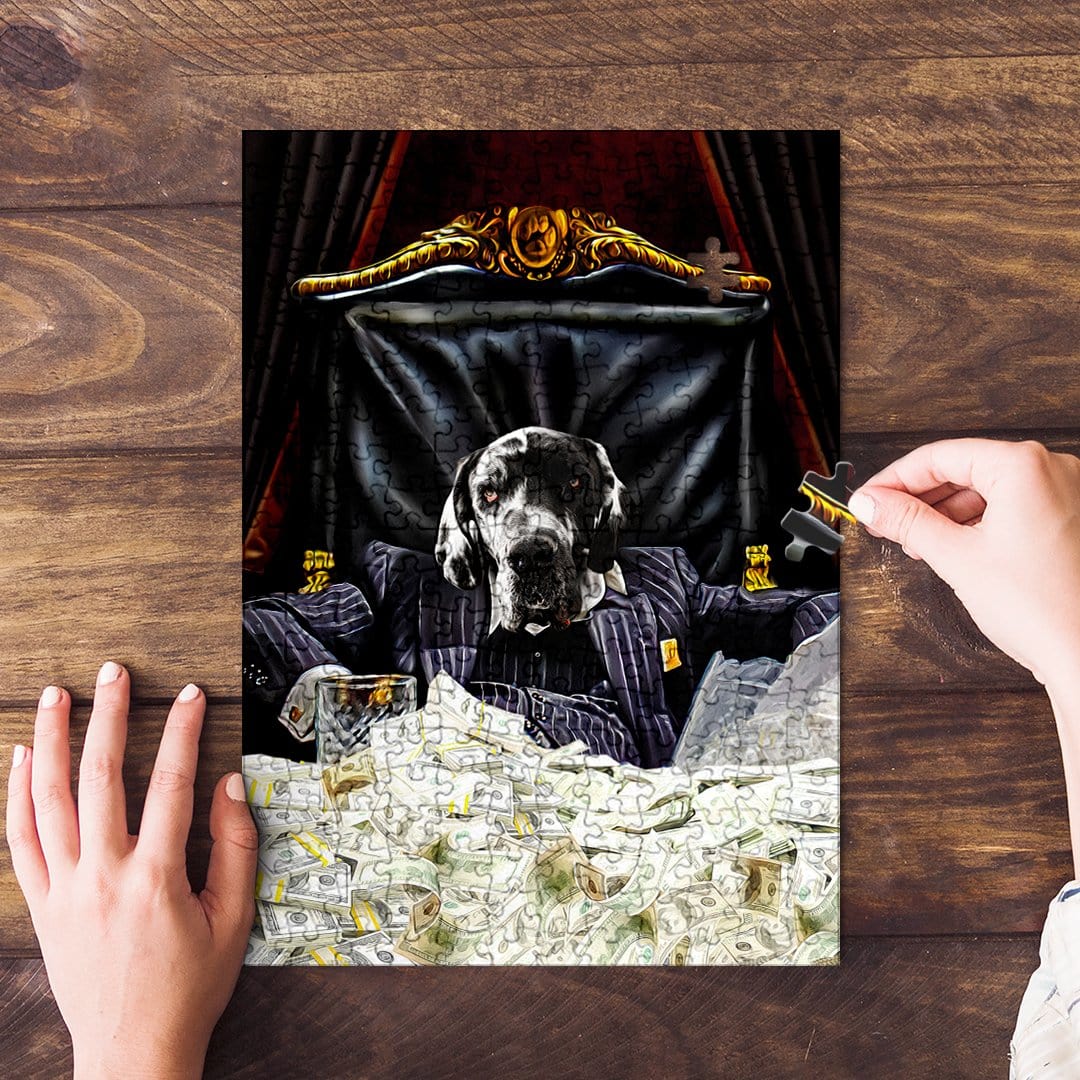 Personalized ScarPaw pet puzzle featuring a Great Dane in a royal, pinstripe suit, surrounded by money.