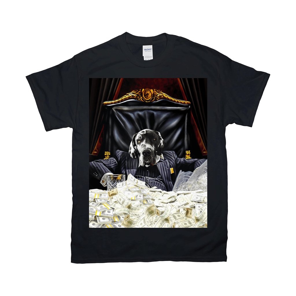 Black Gildan t-shirt with a custom graphic of a dog in a suit sitting at a desk piled with money.