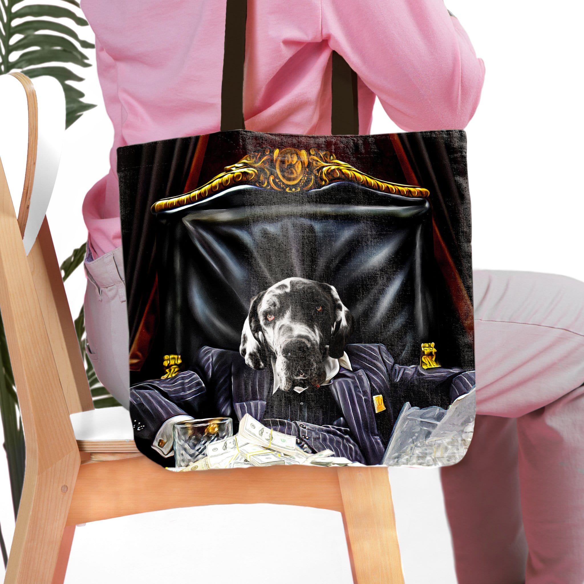 Personalized black tote bag with a custom royal renaissance portrait of a Great Dane dog in a suit.