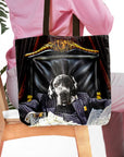 Personalized black tote bag with a custom royal renaissance portrait of a Great Dane dog in a suit.