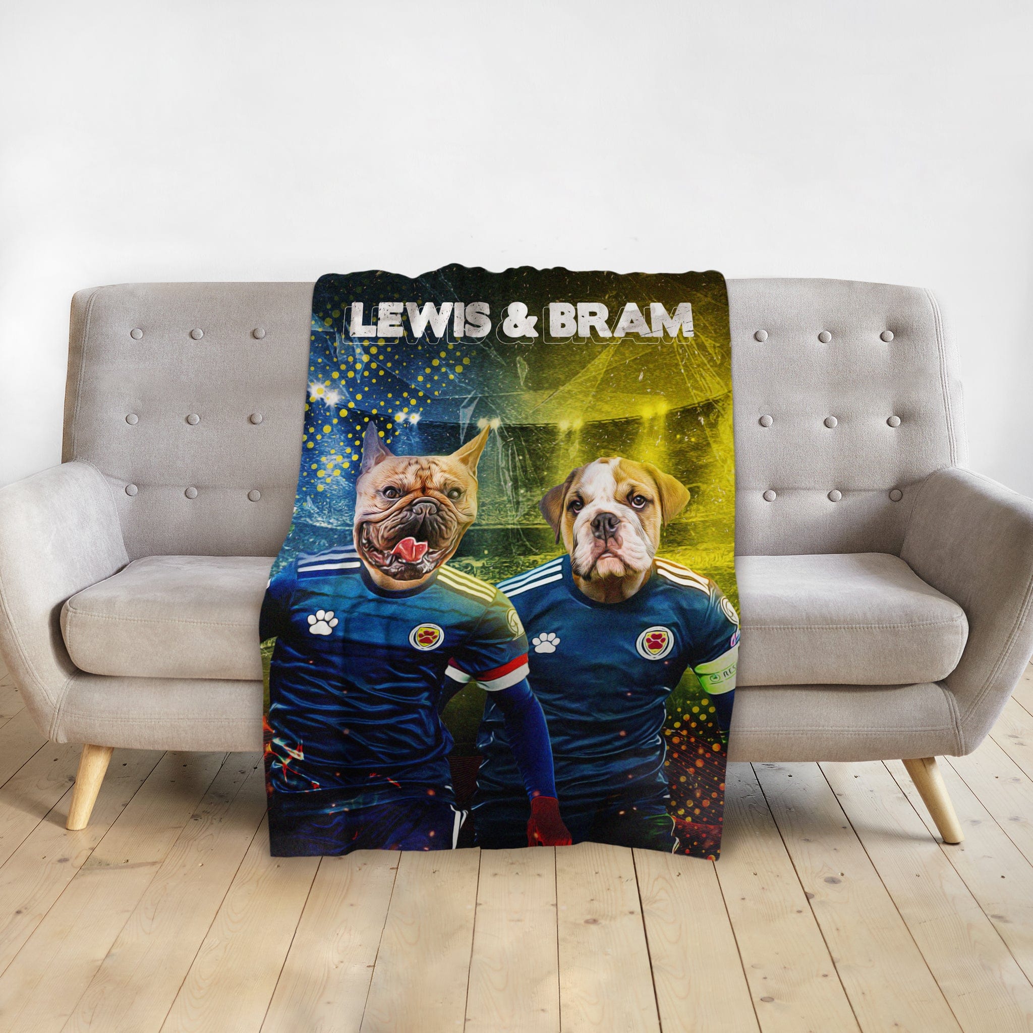 Personalized minky blanket with two dog portraits in Scottish football kits, "Lewis & Bram" text.
