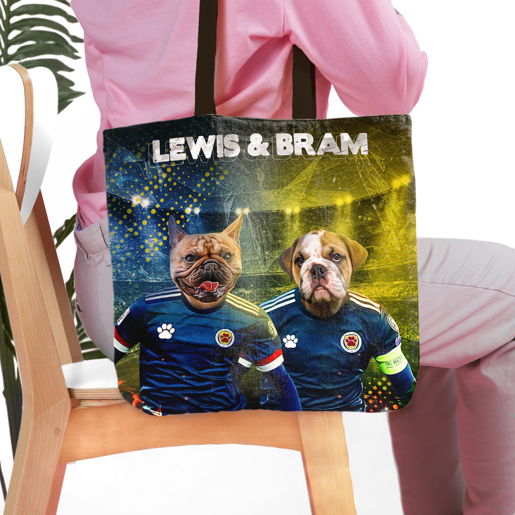 Personalized tote bag featuring custom pet portraits of two dogs in Scotland soccer jerseys.