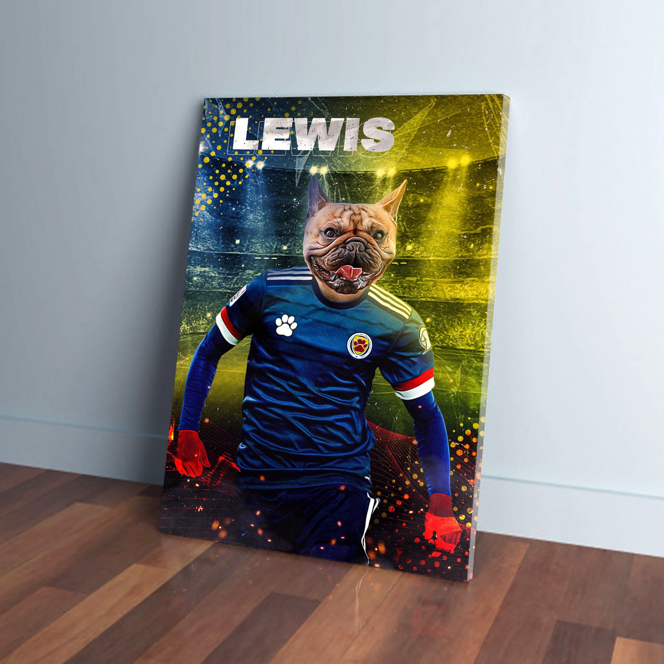 Personalized pet canvas featuring a French Bulldog in a blue soccer uniform, with "LEWIS" above.