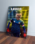 Personalized pet canvas featuring a French Bulldog in a blue soccer uniform, with "LEWIS" above.