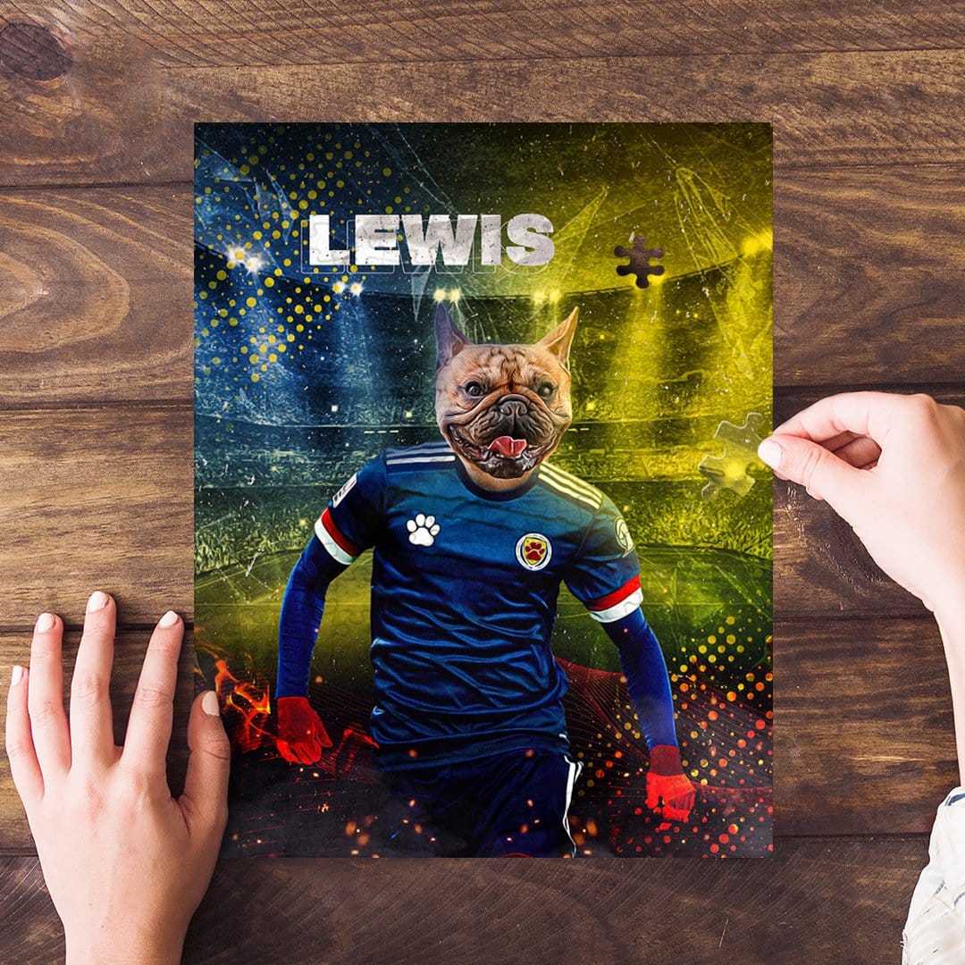 Personalized pet puzzle featuring a French bulldog in a Scotland soccer uniform.