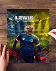 Personalized pet puzzle featuring a French bulldog in a Scotland soccer uniform.