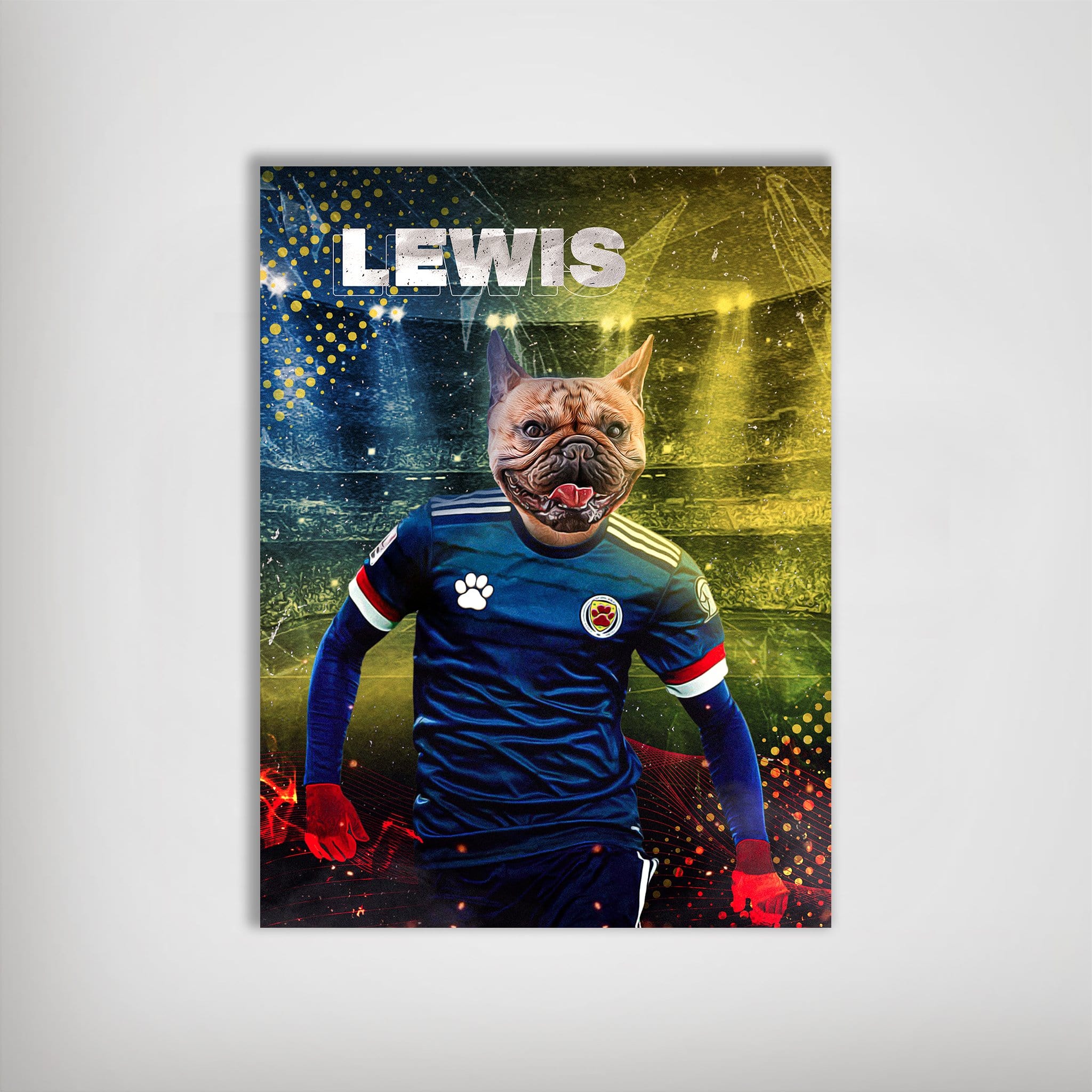 Personalized pet poster featuring a French bulldog in a blue Scotland soccer jersey, named "LEWIS.