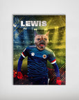 Personalized pet poster featuring a French bulldog in a blue Scotland soccer jersey, named "LEWIS.