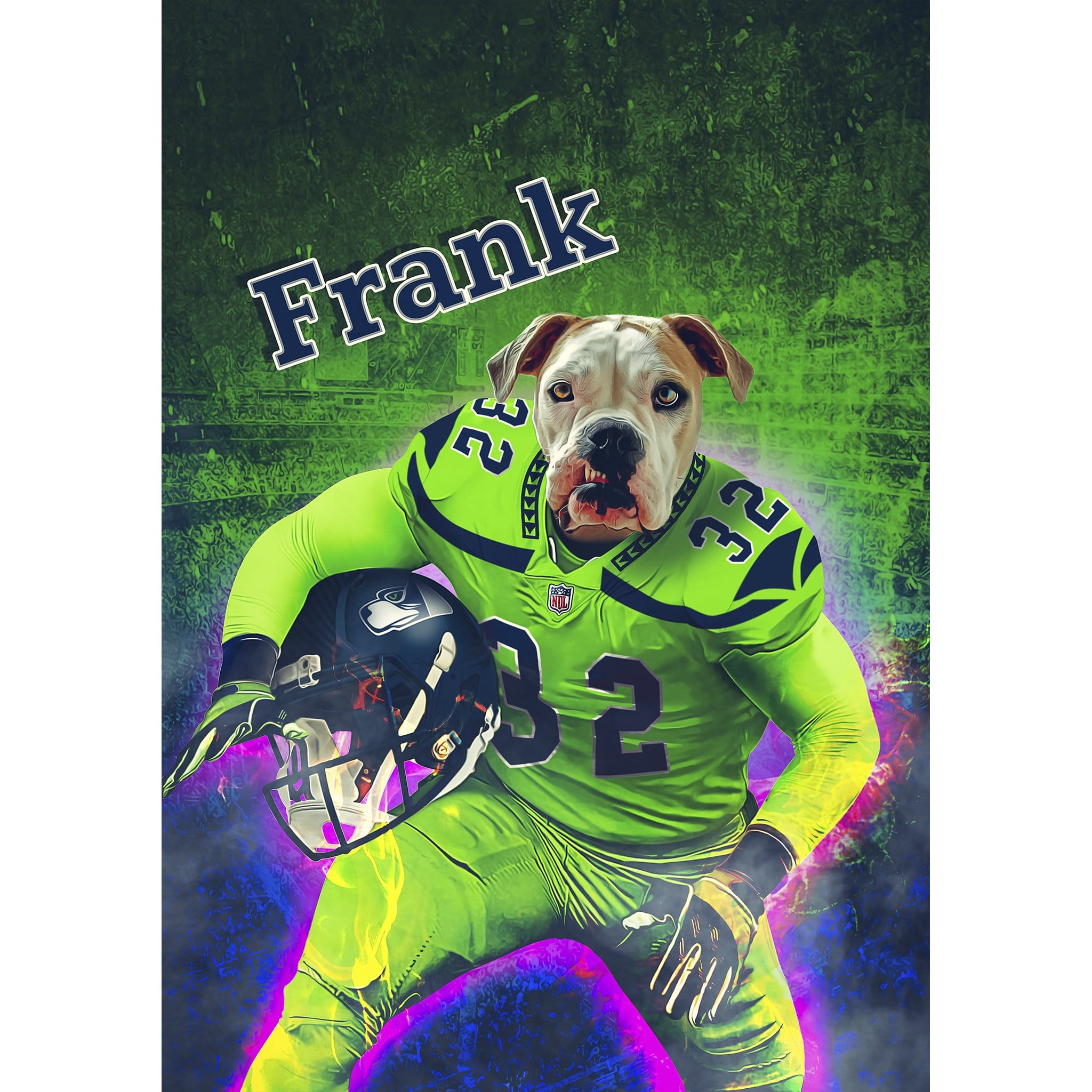 Personalized digital portrait of a dog's head on a Seattle Seahawks football player's body, named Frank.