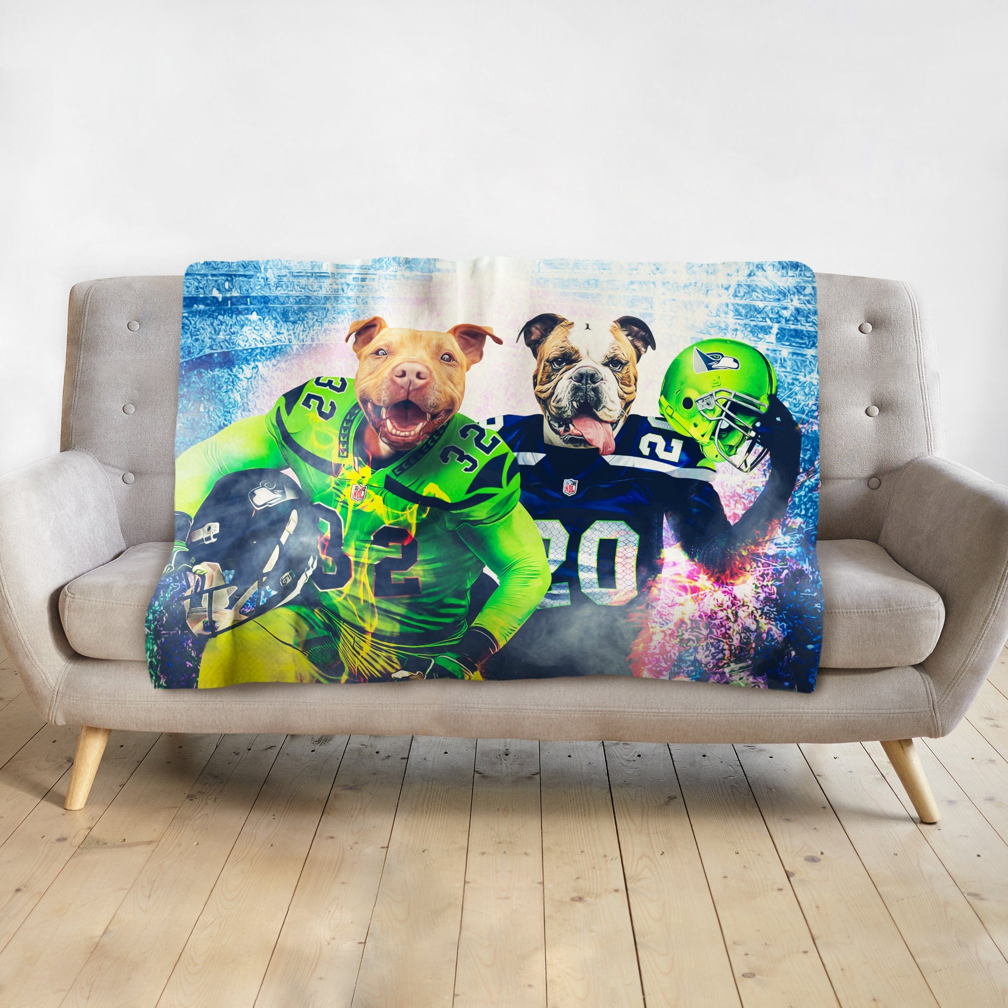 Personalized minky blanket with two dogs in Seattle Seahawks football uniforms.