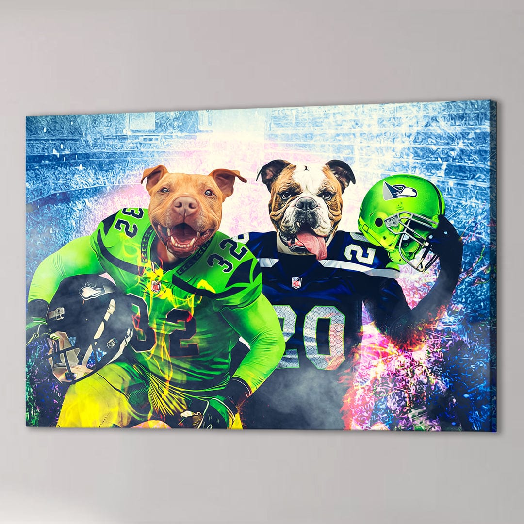 Personalized canvas featuring two dogs in Seattle Seahawks football uniforms against a stadium backdrop.
