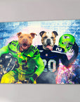 Personalized canvas featuring two dogs in Seattle Seahawks football uniforms against a stadium backdrop.