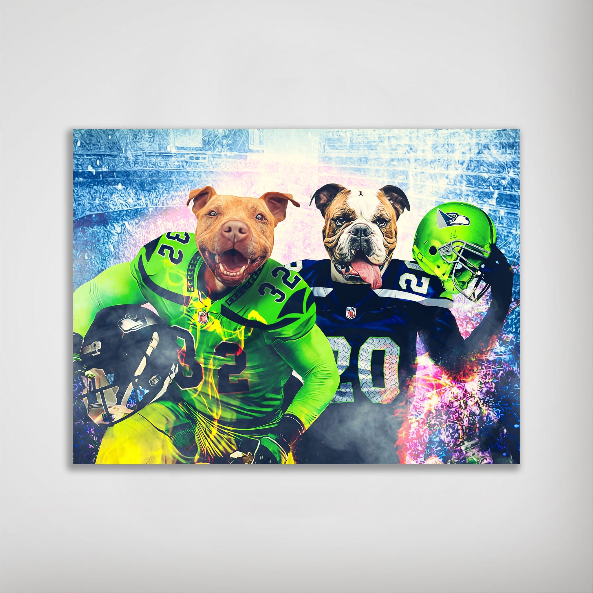 Personalized 'Seattle Doggos' poster featuring two pets as football players in green and blue uniforms.