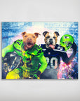 Personalized 'Seattle Doggos' poster featuring two pets as football players in green and blue uniforms.