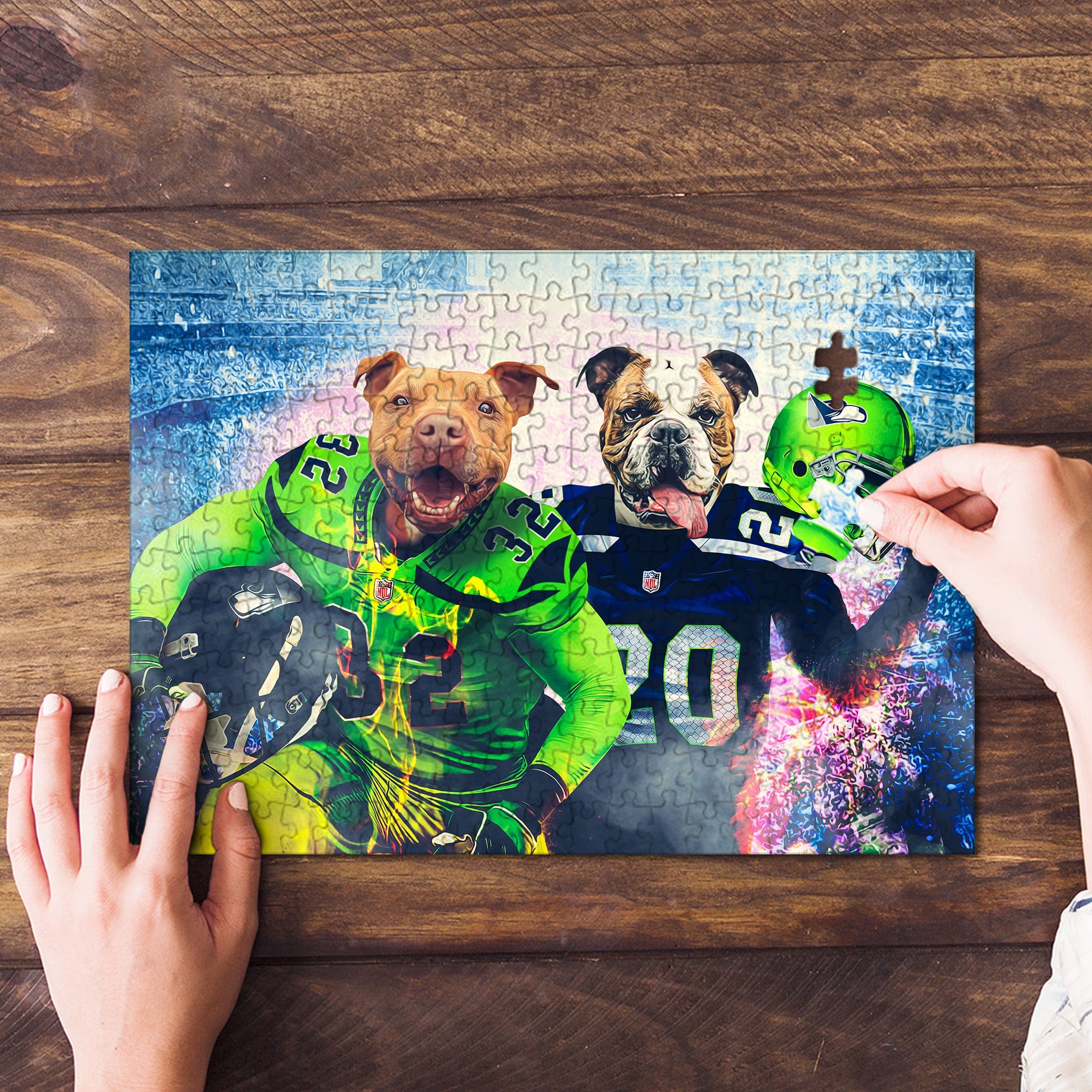 Personalized 2 pet puzzle featuring dogs in football uniforms, being assembled on a wooden surface.